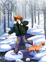  1boy blue_jacket brown_eyes brown_hair cat full_body highres jacket male_focus medium_hair outdoors pharaoh_(cat) river sk816 snow watermark yu-gi-oh! yu-gi-oh!_gx yuki_judai 