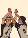  2boys akaashi_keiji arms_up black_hair bokuto_koutarou brown_eyes chengongzi123 closed_mouth double_high_five grey_hair haikyuu!! highres looking_at_another male_focus multicolored_hair multiple_boys shirt short_hair short_sleeves simple_background sportswear streaked_hair t-shirt thick_eyebrows upper_body very_short_hair volleyball_uniform yellow_background 
