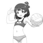  1girl ball black_hair blunt_bangs cowboy_shot dot_nose flat_chest greyscale hair_bun hair_ornament highres holding holding_ball idolmaster idolmaster_million_live! idolmaster_million_live!_theater_days light_blush loli matcha_kingyo monochrome navel open_mouth short_hair smile sportswear standing volleyball volleyball_uniform 