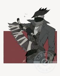  1boy bloodborne brown_background cloak coat from_side gloves hat highres holding holding_weapon hunter_(bloodborne) long_sleeves male_focus mask mouth_mask saw saw_cleaver short_hair solo standing tricorne vest weapon white_background xx_asui 