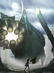  1girl beanie bo_(bouillustration) building celesteela clouds commentary hat highres moon outdoors pokemon pokemon_(creature) pokemon_sm rain selene_(pokemon) shirt shoes short_hair shorts sky standing tapu_koko 