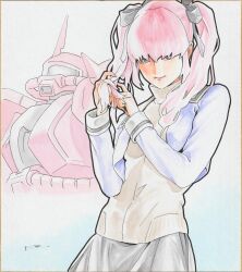  1girl breasts char's_deleted_affair gundam haman_karn highres long_sleeves looking_at_viewer mecha medium_breasts pink_hair robot short_hair simple_background smile solo toweling3 twintails violet_eyes zaku_ii zaku_ii_s_char_custom 