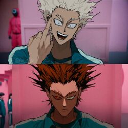  1boy angry bul_jelly garou_(one-punch_man) green_jacket jacket male_focus meme one-punch_man red_hair smile squid_game squid_game_2 white_hair year_1_&amp;_year_2_(squid_game)_(meme) yellow_eyes 