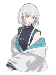  1girl bang_dream! bang_dream!_it's_mygo!!!!! black_shirt blue_eyes commentary_request heterochromia jacket kanade_(kanade_3344) kaname_raana looking_at_viewer medium_hair mouth_hold off_shoulder plectrum plectrum_in_mouth shirt simple_background sleeveless sleeveless_shirt solo suspenders white_background white_hair white_jacket yellow_eyes 