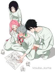  2boys 2girls 4tsuba_kuma alien_stage artist_name black_hair blush bob_cut closed_eyes commentary crumpled_paper drawing_(object) dress glasses green_eyes grey_hair highres holding holding_pencil ivan_(alien_stage) long_hair long_sleeves mizi_(alien_stage) multiple_boys multiple_girls open_mouth pants pencil pink_hair round_eyewear shirt short_hair simple_background sitting smile socks staff_(music) sua_(alien_stage) symbol-only_commentary till_(alien_stage) very_long_hair very_short_hair white_background white_dress white_pants white_shirt white_socks yellow_eyes 