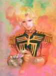  1980s_(style) 1boy blonde_hair blue_eyes char_aznable gundam highres mask mikimoto_haruhiko mobile_suit_gundam official_art painting_(medium) portrait promotional_art retro_artstyle scan science_fiction serious traditional_media unworn_mask zeon 