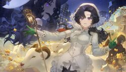  1boy 1girl :d absurdres anjo_nala artist_name beamed_eighth_notes bird black_gloves black_hair blue_sky breasts building city_lights coif corset dual_persona duck eighth_note finger_to_mouth gloves green_gloves hand_up hat highres lamb long_hair long_sleeves looking_at_viewer medium_breasts microphone microphone_stand ms._kimberly_(reverse:1999) multiple_views musical_note neckerchief nekomeen night night_sky outstretched_arm pinstripe_pattern pinstripe_shirt reverse:1999 sheep shirt sky smile staff_(music) striped_clothes striped_shirt upper_body vertical-striped_clothes vertical-striped_shirt vintage_microphone violet_eyes wavy_hair white_hat white_neckerchief white_shirt 