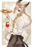  1boy animal_ears apron asymmetrical_bangs asymmetrical_eyewear belt black_apron blonde_hair blunt_ends bob_cut border bow braid brown_background brown_belt brown_pants cake cherry closed_mouth cowboy_shot cup drinking_glass drinking_straw erune fingernails floral_background food from_behind fruit glasses granblue_fantasy hair_bow heterochromatic_eyewear hk_nh3cooh holding holding_cup holding_plate ice_cream ice_cream_float jacket long_hair looking_at_viewer looking_back lu_woh_(granblue_fantasy) male_focus outside_border pants plate sharp_fingernails single_braid smile solo sweater swiss_roll turtleneck turtleneck_sweater very_long_hair waist_apron white_border white_jacket yellow_bow yellow_eyes yellow_sweater 