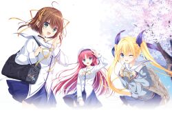  3girls :d arm_up asakura_nemu backpack bag bell blonde_hair blue_card blue_eyes blue_skirt brown_hair cherry_blossoms circus_(studio) clothes_lift da_capo green_eyes hair_ribbon hat highres long_hair long_sleeves multiple_girls neck_bell one_eye_closed open_mouth outdoors red_hair ribbon sailor_collar school_uniform serafuku shirakawa_kotori shirt short_hair skirt skirt_lift smile standing sweater tanihara_natsuki twintails white_hat white_sailor_collar white_shirt yoshino_sakura 