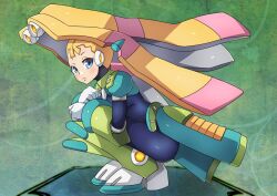  1girl black_bodysuit blonde_hair blue_eyes bodysuit full_body green_background long_hair looking_at_viewer mega_man_(series) mega_man_x_(series) pallette_(mega_man) roy_payne solo twintails 