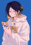 1boy animal_print black_hair blonde_hair blue_background cat_print cellphone commentary haikyuu!! highres holding holding_phone hood hoodie kozume_kenma looking_at_viewer multicolored_hair nasi_w2 phone simple_background slit_pupils smartphone solo sticker symbol-only_commentary two-tone_hair white_hoodie yellow_eyes