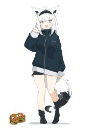  1girl ahoge animal_ear_fluff animal_ears aqua_eyes black_headband black_shirt black_tail burger crossed_bangs double-parted_bangs extra_ears food fox_ears fox_girl fox_tail full_body headband highres hololive long_hair looking_at_viewer low-tied_long_hair mismatched_socks official_alternate_costume open_mouth shirakami_fubuki shirakami_fubuki_(loungewear) shirt side-tie_shirt sidelocks simple_background socks solo tail thighs tntl_nemui v virtual_youtuber white_background white_hair white_tail 