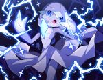  1other alternate_color blue_eyes blue_skin colored_skin cowboy_shot dress electricity gardevoir glowing highres lotosu open_mouth pokemon pokemon_(creature) signature solo tongue white_dress white_skin 