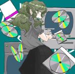  1girl black_skirt cd cd_case commentary crt from_behind green_eyes green_hair grey_shirt hair_ornament hairclip looking_to_the_side open_mouth original ponytail shirt sk76376502 skirt solo sweat symbol-only_commentary television 