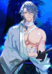  1boy bandaged_neck bandaged_waist bandages blue_eyes blue_hair blue_kimono closed_mouth cowboy_shot genshin_impact highres japanese_clothes kamisato_ayato katana kimono long_hair looking_ahead looking_at_viewer male_focus mayu_mey mole mole_under_mouth muscular muscular_male night night_sky nipples outdoors pectorals scabbard scar scar_on_arm scar_on_chest sheath single_off_shoulder sky solo sword weapon 