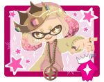  1girl absurdres artist_name blonde_hair blush border bright_pupils commentary crown english_commentary gold_necklace highres ibispaint_(medium) inkling jewelry medium_hair multicolored_hair necklace open_mouth outside_border pearl_(splatoon) pink_border pink_hair smile solo sparkle splatoon_(series) splatoon_2 star-shaped_pupils star_(symbol) symbol-shaped_pupils tentacle_hair thick_eyebrows two-tone_hair vela_pulsar white_border white_pupils yellow_headwear 