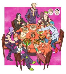  6+boys bamboo_steamer baozi black_choker black_coat black_hat black_pants blonde_hair blue_footwear blue_hair blue_pants border brown_hair chair chinese_food choker chopsticks closed_mouth coat crossed_legs cup dumpling elbow_rest food formaggio full_body gelato ghiaccio glasses green_footwear green_hair hand_mirror hat hex_tails high_collar highres holding holding_chopsticks holding_mirror illuso jacket jojo_no_kimyou_na_bouken long_hair long_sleeves looking_at_mirror male_focus melone mirror multiple_boys open_mouth orange_jacket outside_border pants pesci pink_background plate pointing prosciutto purple_hair purple_jacket red_footwear red_pants risotto_nero shoes short_hair simple_background sitting smile sorbet striped_clothes striped_pants table takeuchi_ryousuke vento_aureo vest white_border white_jacket white_vest 