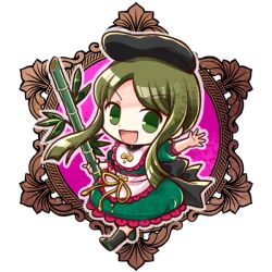  1girl :d apron arm_up bamboo black_hat black_socks chibi chibi_only commentary_request dress full_body green_dress green_eyes green_footwear hat long_hair looking_at_viewer open_mouth outstretched_arm pink_apron puffy_short_sleeves puffy_sleeves short_sleeves sidelocks smile socha socks solo teireida_mai touhou transparent_background v-shaped_eyebrows waist_apron waving 
