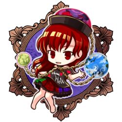  1girl barefoot black_shirt blue_skirt chain chibi chibi_only clothes_writing collar earth_(ornament) full_body green_skirt hecatia_lapislazuli long_hair looking_at_viewer moon_(ornament) multicolored_clothes multicolored_skirt off-shoulder_shirt off_shoulder red_eyes red_hair red_skirt shirt short_sleeves skirt socha solo touhou transparent_background underworld_(ornament) v-shaped_eyebrows 