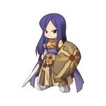  1girl 2000s_(style) armor armored_boots blue_shirt boobplate boots brown_skirt cape chibi closed_mouth cross crusader_(ragnarok_online) frown full_body gauntlets holding holding_shield holding_sword holding_weapon long_hair long_sleeves looking_at_viewer official_art pants pauldrons purple_cape purple_hair ragnarok_online shield shirt shoulder_armor simple_background skirt solo standing sword tachi-e transparent_background v-shaped_eyebrows violet_eyes weapon yuichirou 