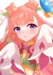  1girl :o animal_ears blunt_bangs easter_egg egg ell_0314 eyelashes fake_animal_ears fire_emblem fire_emblem_heroes highres long_hair long_sleeves looking_at_viewer mirabilis_(fire_emblem) mirabilis_(spring)_(fire_emblem) official_alternate_costume open_mouth pink_hair pointy_ears rabbit_ears sleeves_past_fingers sleeves_past_wrists solo upper_body very_long_hair violet_eyes white_background 