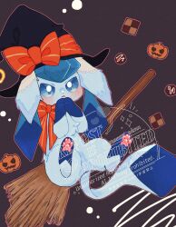  absurdres animal_focus blue_eyes blush bow bright_pupils broom chocolate commentary_request glaceon halloween hat highres looking_at_viewer maaari_pkmn no_humans open_mouth pawpads pokemon pokemon_(creature) ribbon sidelocks simple_background tail white_pupils witch_hat 