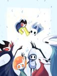  +++ 1girl 2boys 4others anniversary arm_up black_eyes blue_cape broken_vessel_(hollow_knight) bug cape commentary_request grimm_(hollow_knight) grimmchild highres hollow_knight hollow_knight_(character) hornet_(hollow_knight) knight_(hollow_knight) multiple_boys multiple_others nzwixbydhknxjlw quirrel red_eyes 