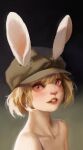  1girl absurdres animal_ears bare_shoulders black_headwear blonde_hair carrot_(one_piece) chinese_commentary commentary_request ears_through_headwear hat highres looking_at_viewer one_piece open_mouth pink_eyes quan_ju rabbit_ears rabbit_girl short_hair solo teeth 