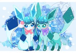  alternate_color animal_focus blush bow commentary flower glaceon highres long_hair maaari_pkmn no_humans pink_bow pink_flower pokemon pokemon_(creature) purple_bow shiny_pokemon sidelocks sitting smile standing symbol-only_commentary tail 