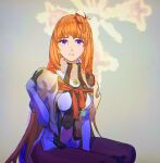  1girl blue_eyes elhaym_van_houten expressionless gloves highres long_hair looking_at_viewer orange_hair pantyhose sitting solo uniform wata6_6 xenogears 