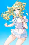  1girl asatte_3z blonde_hair blue_background clenched_hands closed_mouth cowboy_shot green_eyes highres lillie_(pokemon) long_hair looking_at_viewer pleated_skirt pokemon pokemon_sm ponytail shirt short_sleeves skirt solo white_shirt white_skirt 