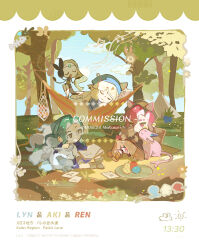 animal_ears apple aqua_hair artist_name bandaid bandaid_on_knee bandaid_on_leg belt beret black_belt black_jacket blanket blue_hat blue_shirt blue_sky blunt_bangs book boots brown_footwear cat_ears character_name character_request closed_eyes closed_mouth clouds commission crossed_legs crossover dated day ear_piercing ears_through_headwear espeon expressionless food forest fruit glasses green_eyes grey_hat hat highres hisui hisuian_zorua hood hoodie inkling_girl inkling_player_character jacket leg_belt light_particles long_hair long_sleeves lying meloetta mole mole_under_eye multiple_piercings music nature net nintendo octoling_girl octoling_player_character on_side open_book outdoors paper paperclip parted_bangs pear petting piercing pink_eyes pink_hair plate pointy_ears pokemon pokemon_(creature) purple_hoodie reading satonishi shiny_pokemon shirt singing sitting sky smile splatoon_(series) staff_(music) tent tentacle_hair timestamp under_covers very_long_hair watermark white-framed_eyewear white_hair zorua