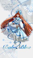  1girl :o baby_blue bear_hair_ornament blue_bow blue_bowtie blue_choker blue_eyes blue_flower blue_footwear blue_ribbon blue_skirt bow bowtie character_name choker drop_shadow english_text floral_print flower frilled_shirt frills full_body grey_background hair_bow hair_ornament highres key looking_at_viewer medium_skirt orange_hair pantyhose print_skirt reverse:1999 ribbon seventeen_meimi shirt skirt solo standing white_pantyhose white_shirt 