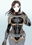  1girl ace_combat ace_combat_7 breasts brown_hair cosplay gradient_background grey_eyes harness highres ionela_a_shilage long_hair looking_at_viewer mihaly_a_shilage mihaly_a_shilage_(cosplay) parted_lips pilot pilot_suit science_fiction takato15_c 