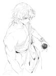  1boy absurdres ancient_greek_clothes apple bracelet closed_mouth dr._ratio_(honkai:_star_rail) food fruit greco-roman_clothes greyscale hair_ornament highres holding holding_food holding_fruit honkai:_star_rail honkai_(series) jewelry male_focus monochrome short_hair simple_background since_pic solo 