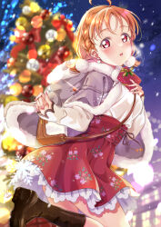  1girl absurdres ahoge ankle_boots blurry blurry_background blush bokeh boots braid breasts brown_footwear christmas christmas_present christmas_tree commentary depth_of_field earrings feet_out_of_frame fur-trimmed_jacket fur_trim gift grey_jacket hair_ornament heart heart_earrings high-waist_skirt highres holding holding_gift iroenpitsu_xxx jacket jacket_on_shoulders jewelry leg_up long_sleeves looking_at_viewer love_live! love_live!_sunshine!! low_twintails medium_breasts medium_hair miniskirt open_mouth orange_hair pom_pom_(clothes) pom_pom_hair_ornament red_eyes red_skirt shirt short_twintails side_braid signature skirt sleeves_past_wrists snow solo takami_chika twintails white_shirt 