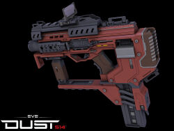  3d black_background commentary copyright_logo copyright_name dust_514 eve_online flewda from_side gun highres logo no_humans realistic science_fiction simple_background submachine_gun weapon weapon_focus 