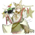  1girl animal_ear_fluff animal_ears arknights bare_shoulders beanstalk_(arknights) beanstalk_(gift_uncompleted)_(arknights) bell braid brown_hair closed_mouth commentary_request dated green_hairband green_skirt hair_between_eyes hair_ornament hair_over_shoulder hairband hairclip hands_up highres holding holding_ribbon k-yosinori long_hair long_sleeves neck_bell off-shoulder_shirt off_shoulder puffy_long_sleeves puffy_sleeves red_ribbon ribbon shirt signature simple_background single_braid sketch skirt sleeves_past_wrists smile star_(symbol) tail violet_eyes white_background white_shirt 