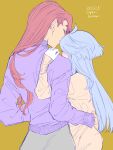  2girls absurdres ahoge blush brown_sweater closed_eyes commentary_request couple dated from_behind grey_hair gundam gundam_suisei_no_majo hand_on_another&#039;s_hip hand_on_another&#039;s_shoulder highres long_hair long_sleeves miorine_rembran multiple_girls purple_sweater redhead suletta_mercury sweater thick_eyebrows twitter_username yuri yuri_kyanon 