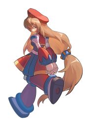  1girl blue_dress brown_hair dress from_behind full_body green_eyes hat highres iris_(mega_man) mega_man_(series) mega_man_x_(series) red_dress red_hat simple_background smile solo u_wstr white_background 