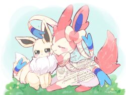  alternate_color annoyed blush bright_pupils closed_eyes closed_mouth commentary_request eevee grass grey_eyes highres lying maaari_pkmn no_humans pokemon pokemon_(creature) prehensile_ribbon shiny_pokemon sitting smile sylveon white_pupils 