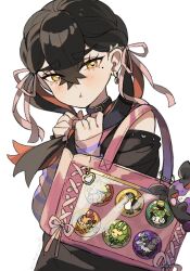  1girl :t alternate_costume alternate_hairstyle badge bag bag_charm black_choker black_hair blush bunching_hair carmine_(pokemon) charm_(object) choker crossed_bangs earrings eyelashes hair_between_eyes hair_ribbon highres itabag jewelry leavanny looking_at_viewer matsuda_(0yx38755230263c) mightyena mole mole_under_eye morpeko morpeko_(hangry) ninetales pink_ribbon pokemon pokemon_sv pout red_hair ribbon scrafty simple_background sinistcha solo toucannon twintails white_background yellow_eyes 