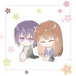  2girls absurdres akigure1 black_socks chibi fruits_basket haori highres honda_tohru japanese_clothes kimono long_hair multiple_girls school_uniform short_hair sitting smile socks souma_akito tears twitter_username 