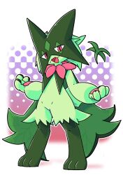  1other animal_hands body_fur cape claws fang flower full_body furry green_cape green_fur green_hair highres looking_at_viewer mask meowscarada open_mouth otyappa_tyabatyaba pawpads pink_eyes pink_flower pokemon pokemon_(creature) short_hair short_tail simple_background skin_fang solo standing tail two-tone_fur white_background 