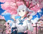  1girl bag black_clover black_clover_m:_rise_of_the_wizard_king blue_bag blue_neckerchief blue_sailor_collar blue_sky breasts cherry_blossoms clenched_hands day falling_petals flower grey_hair highres looking_at_viewer medium_breasts medium_hair neckerchief noelle_silva official_alternate_costume official_art outdoors petals pink_flower pink_petals sailor_collar school_bag school_uniform serafuku shirt sky smile solo tree twintails upper_body violet_eyes white_serafuku white_shirt 