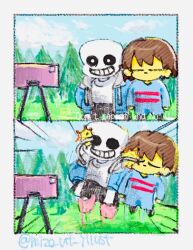 1other 2024 2d 2koma ambiguous_gender artist_name black_shorts blue_jacket blue_shirt border brown_hair camera comic day digital_media drawstring duo frisk_(undertale) hood hood_down hooded_jacket human humanoid jacket jumping male mizo_ut_illust monster monster_boy pink_stripes sans_(undertale) shirt short_hair shorts silent_comic skeleton sky striped striped_shirt striped_shorts taking_picture teeth twitter_username undead undertale utdr_(toby_fox) white_border white_shirt white_stripes
