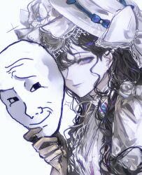  1girl absurdres black_hair bow chinese_commentary closed_mouth commentary_request gloves grey_gloves hair_over_shoulder hat hat_bow highres holding holding_mask isolde_(reverse:1999) long_hair looking_at_viewer mask pale_skin puffy_sleeves purple_lips reverse:1999 see-through_clothes see-through_veil simple_background solo veil violet_eyes weiyan_(nbnbmwnl) white_background white_hat white_veil wojak 