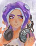  1boy closed_mouth ear_piercing english_commentary gradient_hair headphones highres holding holding_headphones male_focus medium_hair multicolored_hair octoling octoling_boy octoling_player_character piercing print_shirt purple_background purple_hair seatha shirt simple_background solo splatoon_(series) tentacle_hair thick_eyebrows two-tone_hair upper_body violet_eyes white_shirt 