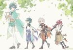  4boys aged_down akzr_12 armor bead_necklace beads black_hair blue_hair braid cape closed_mouth flower genshin_impact gloves green_eyes green_headwear grey_hair hat highres holding holding_hands holding_instrument instrument japanese_armor japanese_clothes jewelry kaedehara_kazuha kote kurokote leaf leaf_print long_sleeves lyre magnifying_glass male_focus multicolored_hair multiple_boys necklace orange_eyes parted_lips ponytail red_eyes redhead shikanoin_heizou shoes shorts streaked_hair tassel venti_(genshin_impact) vision_(genshin_impact) walking white_flower xiao_(genshin_impact) 