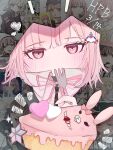  1girl blush cake cake_slice covered_mouth danganronpa_(series) danganronpa_2:_goodbye_despair food fork galaga hair_ornament heart highres holding holding_fork koma_(uuur66) looking_at_viewer medium_hair multiple_views nanami_chiaki notice_lines pink_eyes usami_(danganronpa) 